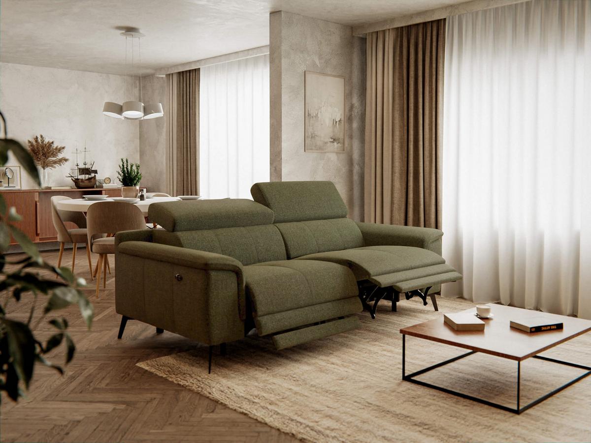 RELAXSOFA FIERO 3-Sitzer mit 2 Relaxfunktionen, olivgrün - Schwarz/Olivgrün, Holzwerkstoff/Textil (212/82/103cm) - Wozimo