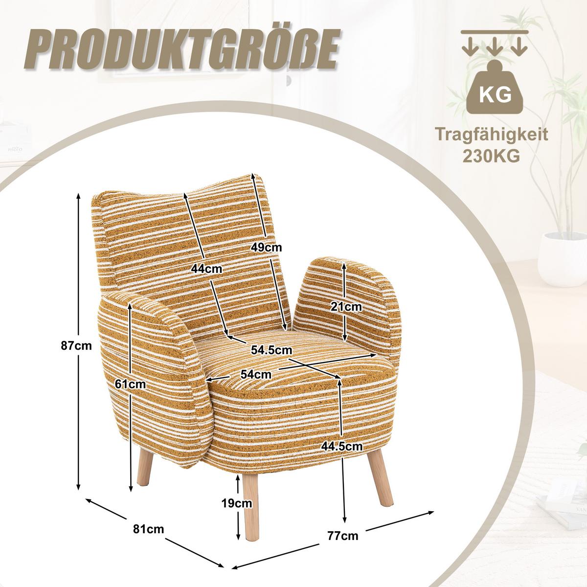 SESSEL boucle stoff gelb modern mit seitentasche holzbeine - Gelb, Textil (77/87/81cm) - Urban Meuble