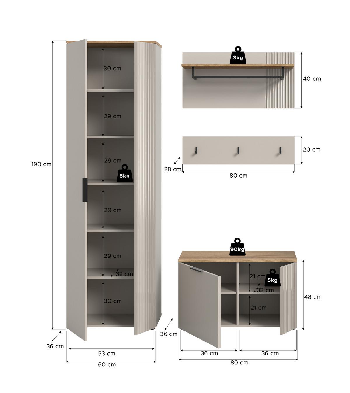 GARDEROBEN-SET 4-teilig Kaschmir Sand, Evoke Eiche, Flurmöbel 155 x 190 cm, Skid - Kaschmir/Eichefarben, Holzwerkstoff/Kunststoff (155/190/36cm) - Inn.Furn