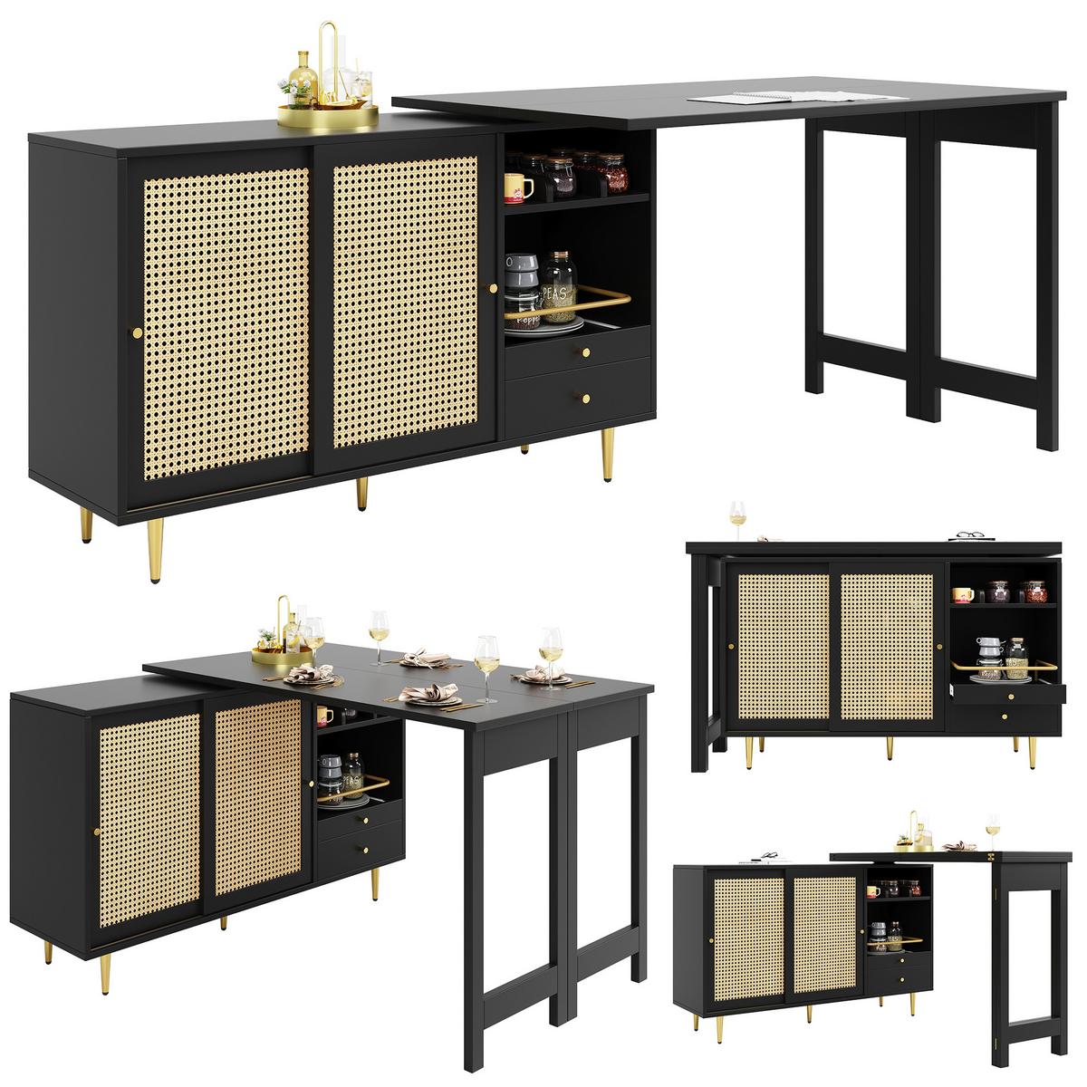 BÜROTISCHE mit Rattan-Türen, 187/40/76cm - Schwarz, Holzwerkstoff (187/40/76cm) - Urban Meuble
