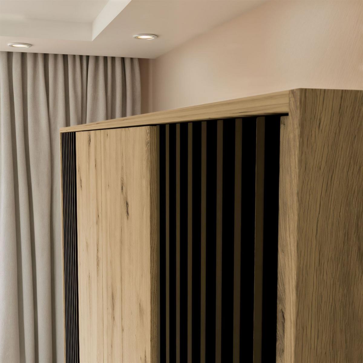 KLEIDERSCHRANK NELA, viertürig mit Lamellen und Spiegel, 206 cm, Artisan/Schwarz - Eiche Artisan, Holzwerkstoff (206/200/51cm) - Lookway