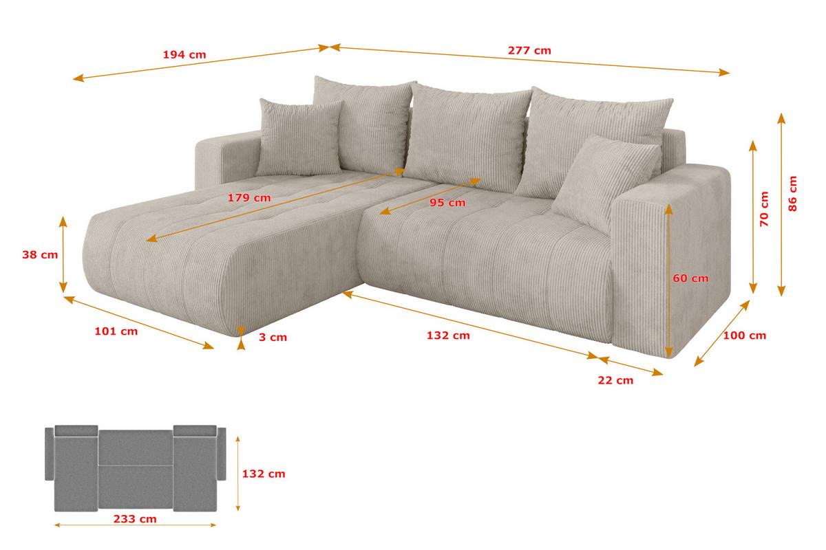 ECKSOFA mit Schlaffunktion Ottomane Links MILA-L 277x194x86 Creme Cord - Ecru/Creme, Holzwerkstoff/Kunststoff (277/194cm) - ALTDECOR
