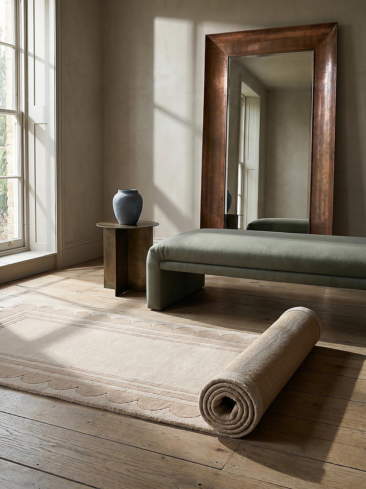 WOLLTEPPICH WENSUM, mit grafischem Muster mit Rahmen, Beige, 80 x 230 cm - Beige, Textil (230/80cm) - KADIMA DESIGN