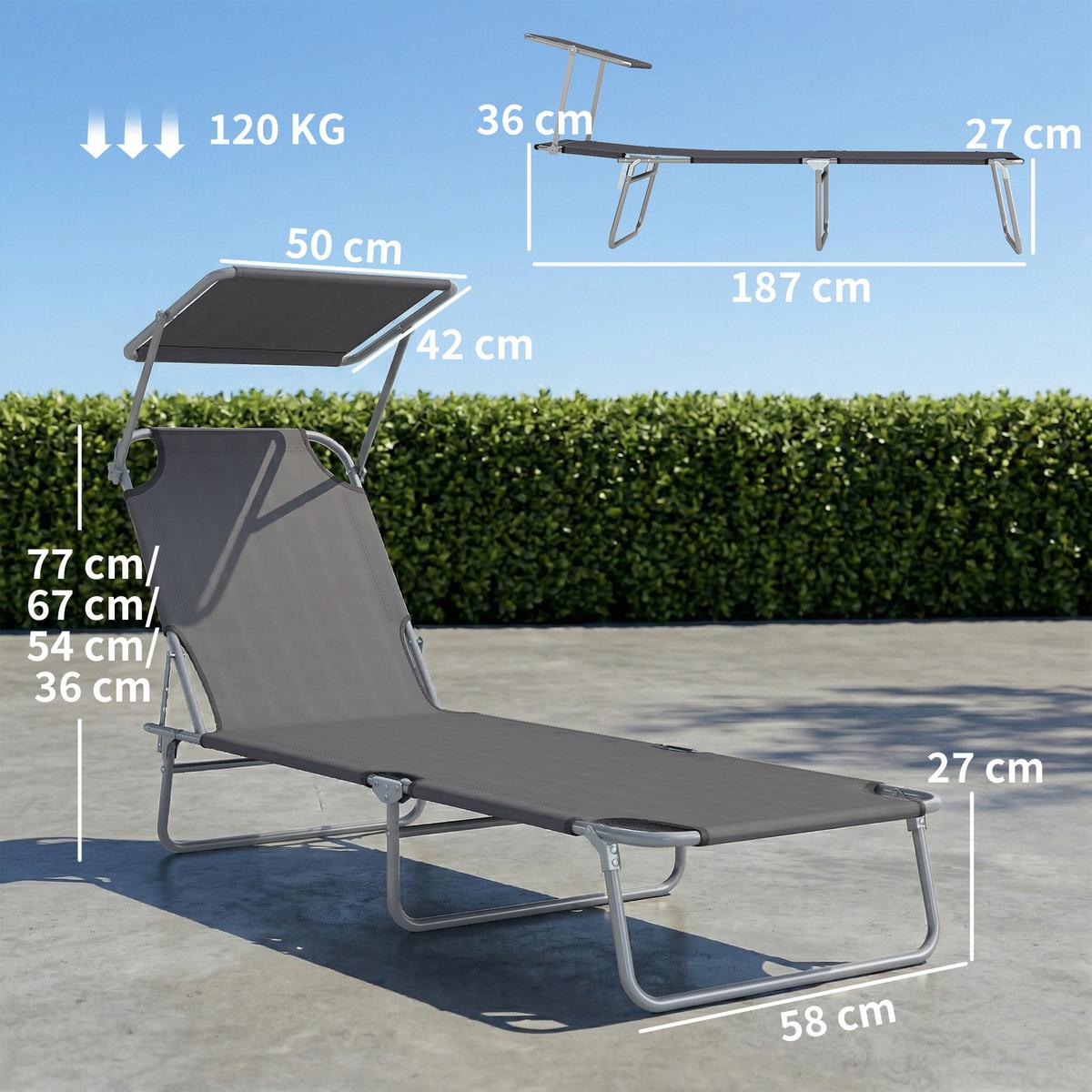 SONNENLIEGE mit Sonnenschutz, Grau - Grau, Metall (58/36/187cm) - Outsunny