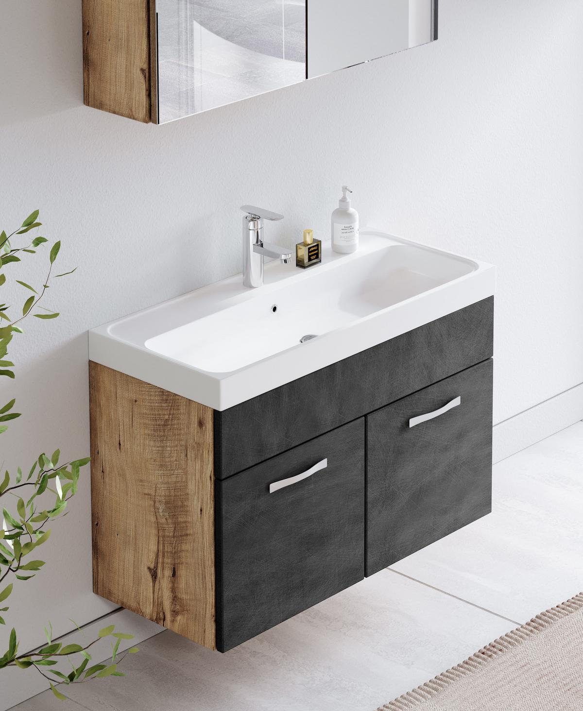 BADMÖBEL-SET Paso 3 Teile Kastanien Eiche / Grau - 80 x 35 x 55 cm - Eichefarben/Grau, Holz (80/55/40cm) - Badplaats