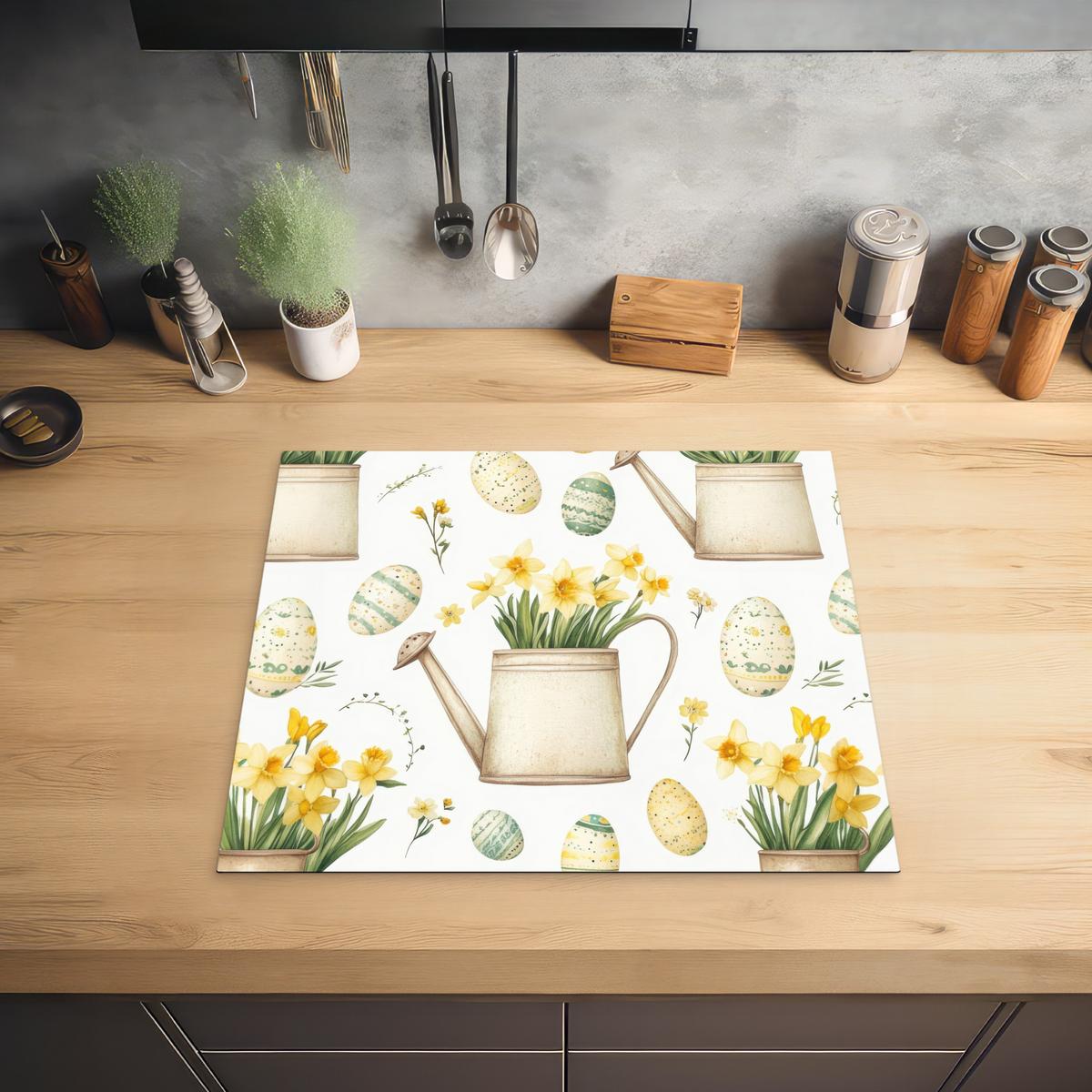 HERDABDECKPLATTE Gießkanne - Blumen - Eier Abdeckung Ceranfeld 58.3x51.3 cm - Weiß, Kunststoff (58.3/51.3/0.2cm) - MuchoWow