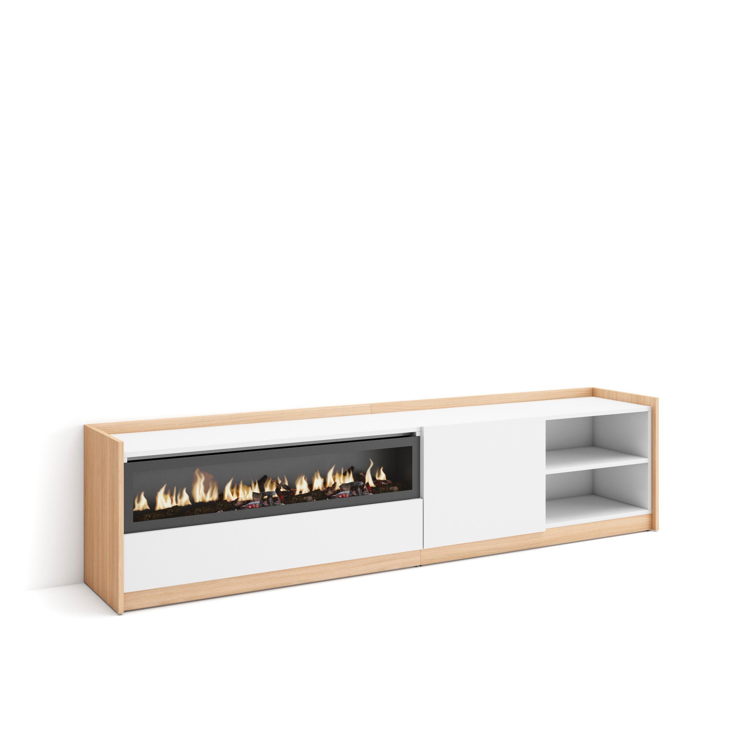 LOWBOARD, Weiß und Eiche Soft, Elektrokamin, 207/37/50cm - Weiß, Holzwerkstoff (207/50/37cm) - Skraut Home