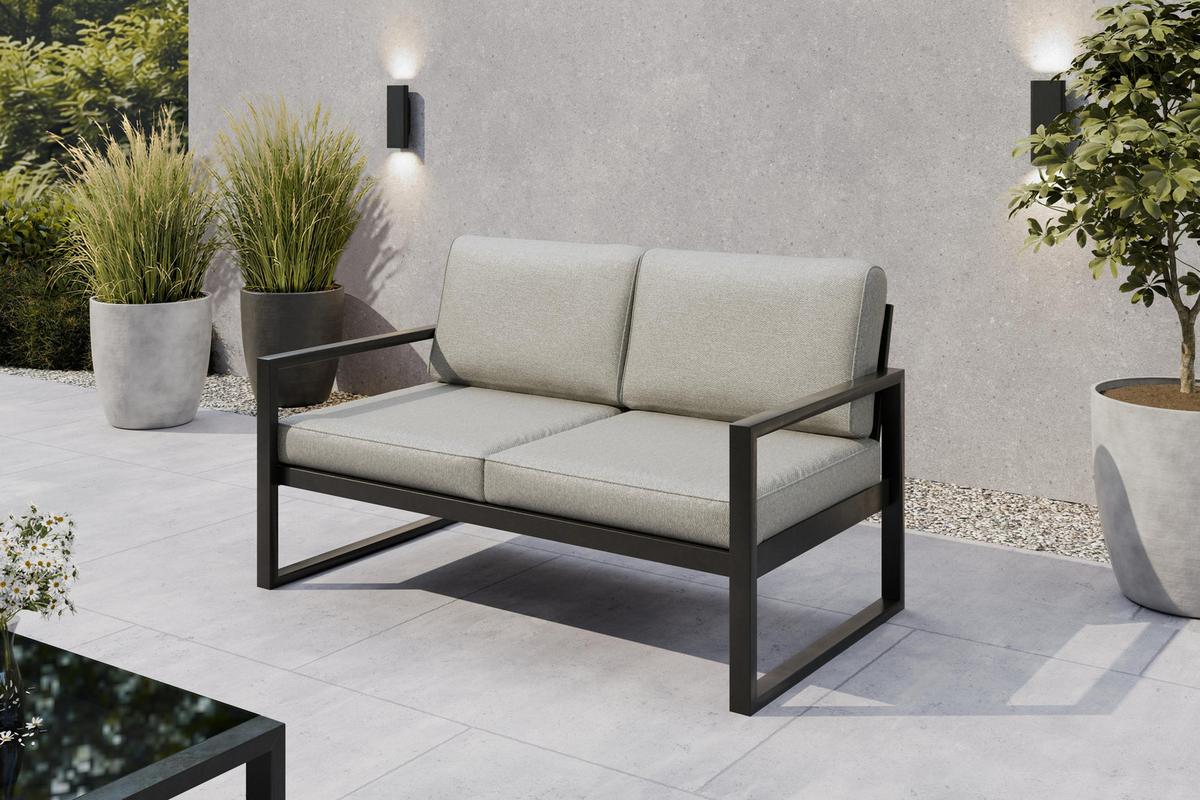 GARTENBANK Bellano Outdoor 2-Sitzer Polster-Loungebank, Stahlgestell Schwarz, Taupe 76/146/80 cm - Beige, Textil (146/86/80cm) - WFL GROUP