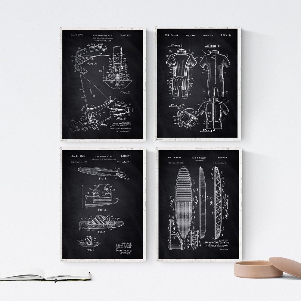 POSTER Set mit 4 Jahrgang PATENTEN SURF A4 Schwarzer Rahmen - Schwarz, Papier (29.7/3cm) - Nacnic