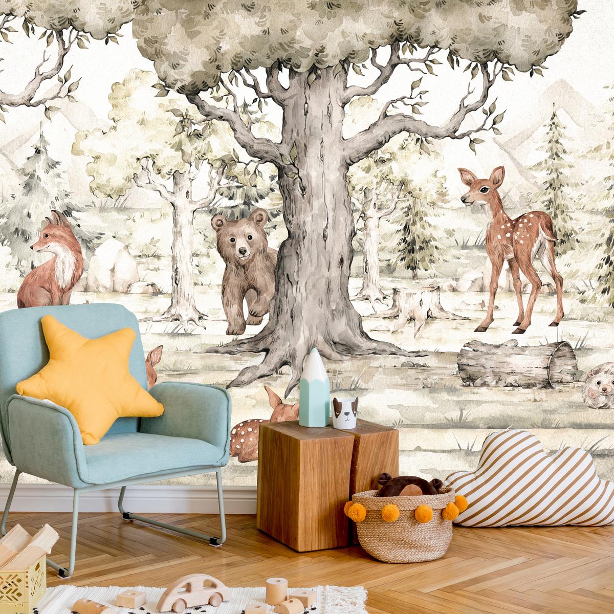 FOTOTAPETE für Kinderzimmer Waldtiere Aquarell Bär Fuchs Reh Bäume 200x140 - Beige/Orange, Papier (200/140cm) - Muralo