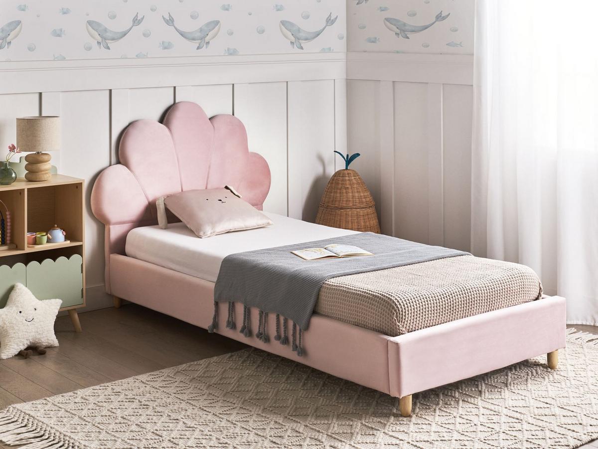 KINDERBETT Muschel Samtstoff 90/200 cm Rosa Neulise - Hellbraun, Textil (90/200cm) - Beliani