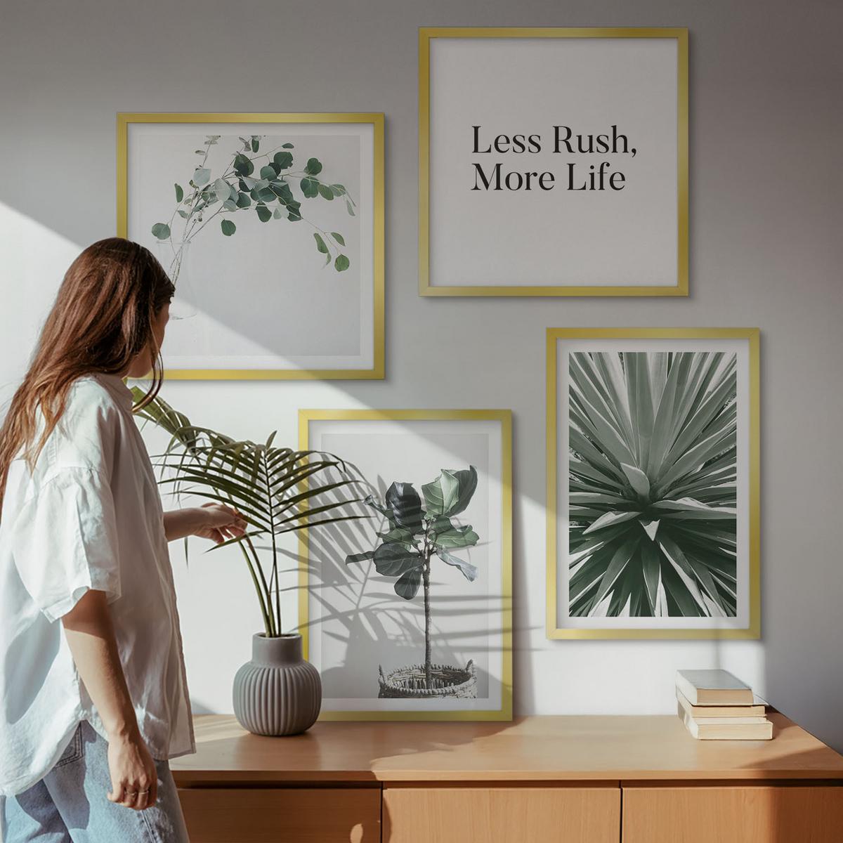 BILDER SET 4er Set - 50x50 cm & 40x60 cm Goldrahmen - Minimalismus mit grünen Pflanzen - Goldfarben, Kunststoff (50/50cm) - TULUP