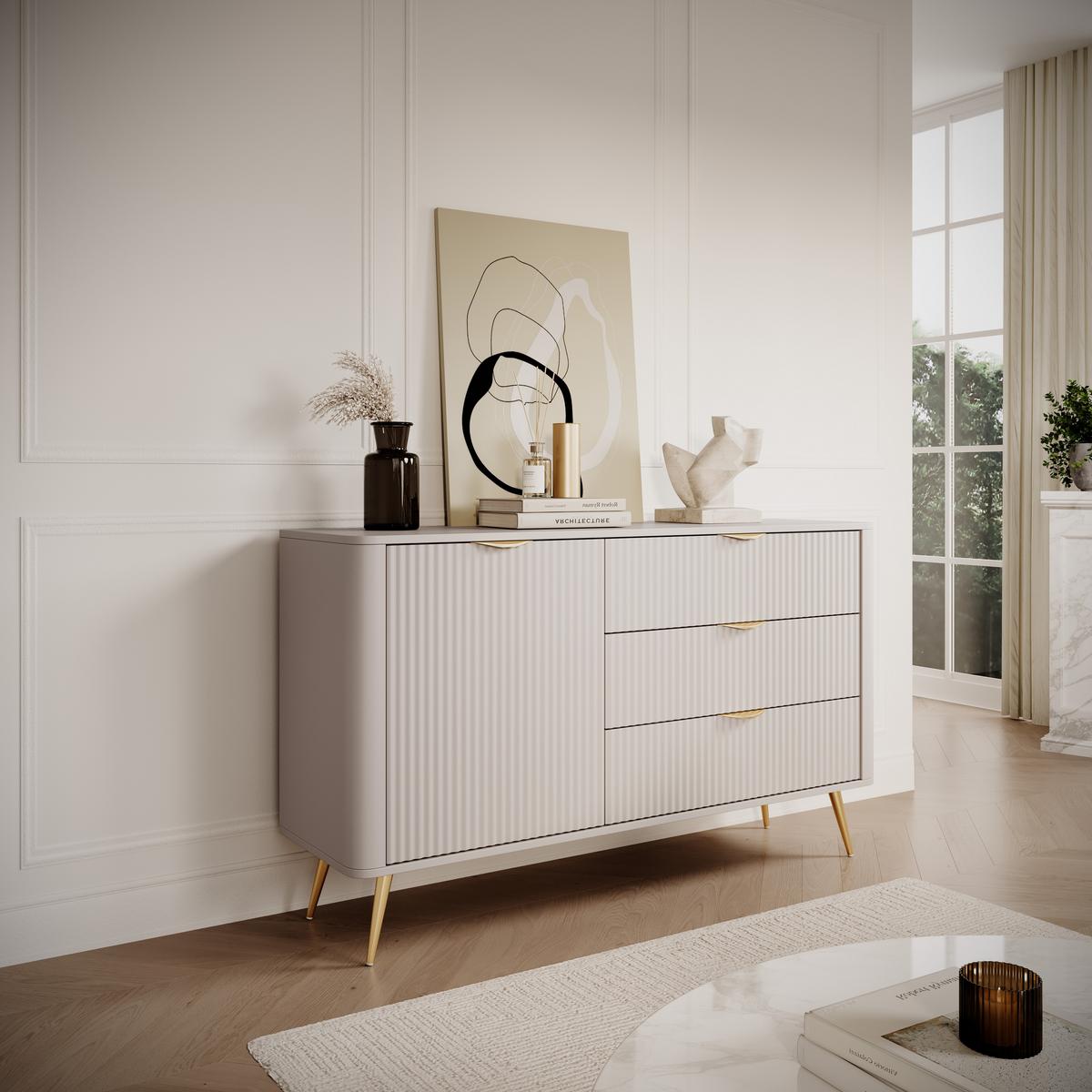SIDEBOARD Vespasia 1T 3S Beige 138,2/81,2/38 cm – Geriffelten Fronten - Beige/Goldfarben, Holzwerkstoff/Metall (138.2/81.2/38cm) - AX Living