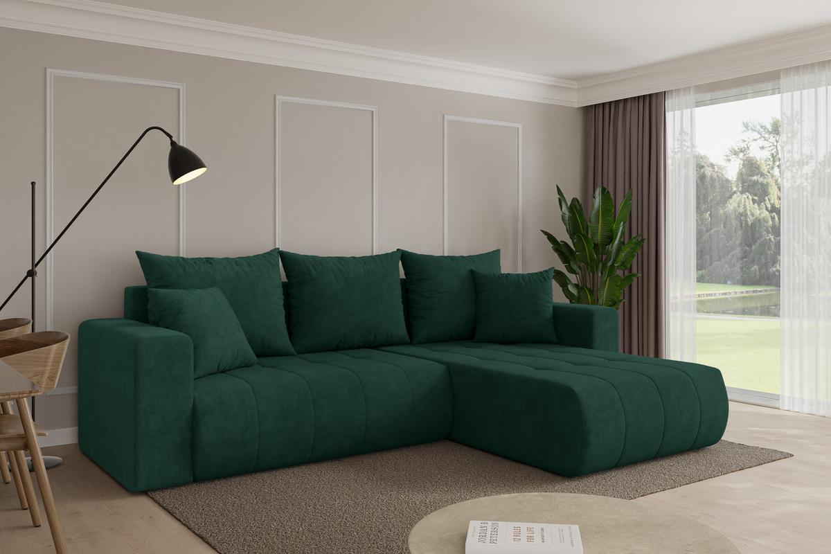 ECKSOFA mit Schlaffunktion Ottomane Rechts MILA-L 277x194x86 Grün Velours - Schwarz/Grün, Holzwerkstoff/Kunststoff (277/194cm) - ALTDECOR