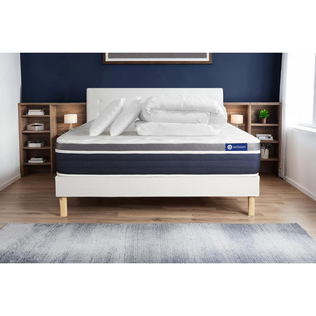 BETT Actimemo confort Memory-Schaum 160 x 200 cm h2 - Kit Bettgestell Weiß - Mit Kissen und Bettdecke - Beige/Weiß, Karton/Holz (160/200cm) - ACTISOM