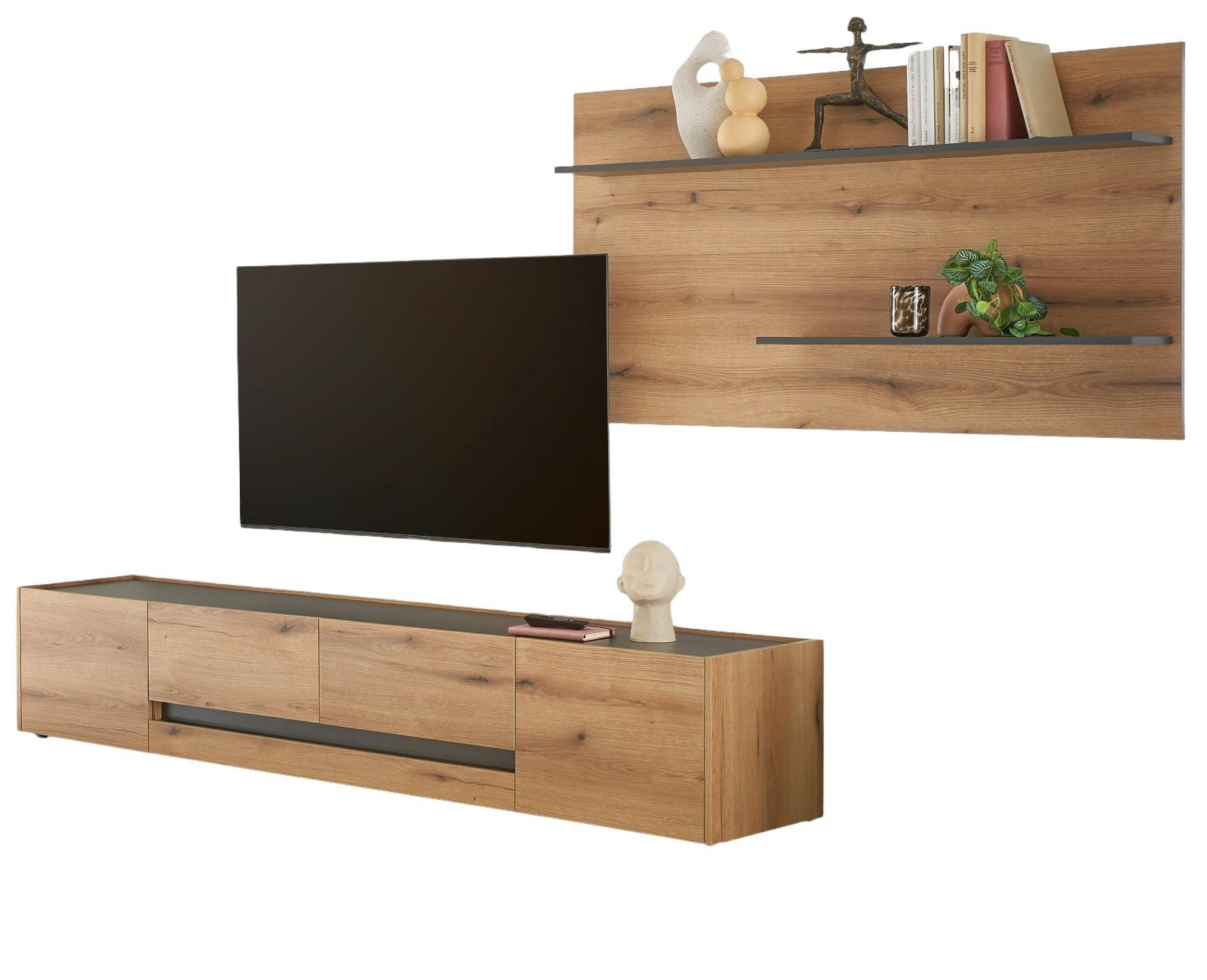 WOHNWAND Evoke Eiche, grau 2-teilig 300 cm, Wohnkombination inklusive Beleuchtung - Eichefarben/Schwarz, Holzwerkstoff/Kunststoff (300/180/45cm) - Furn.Design