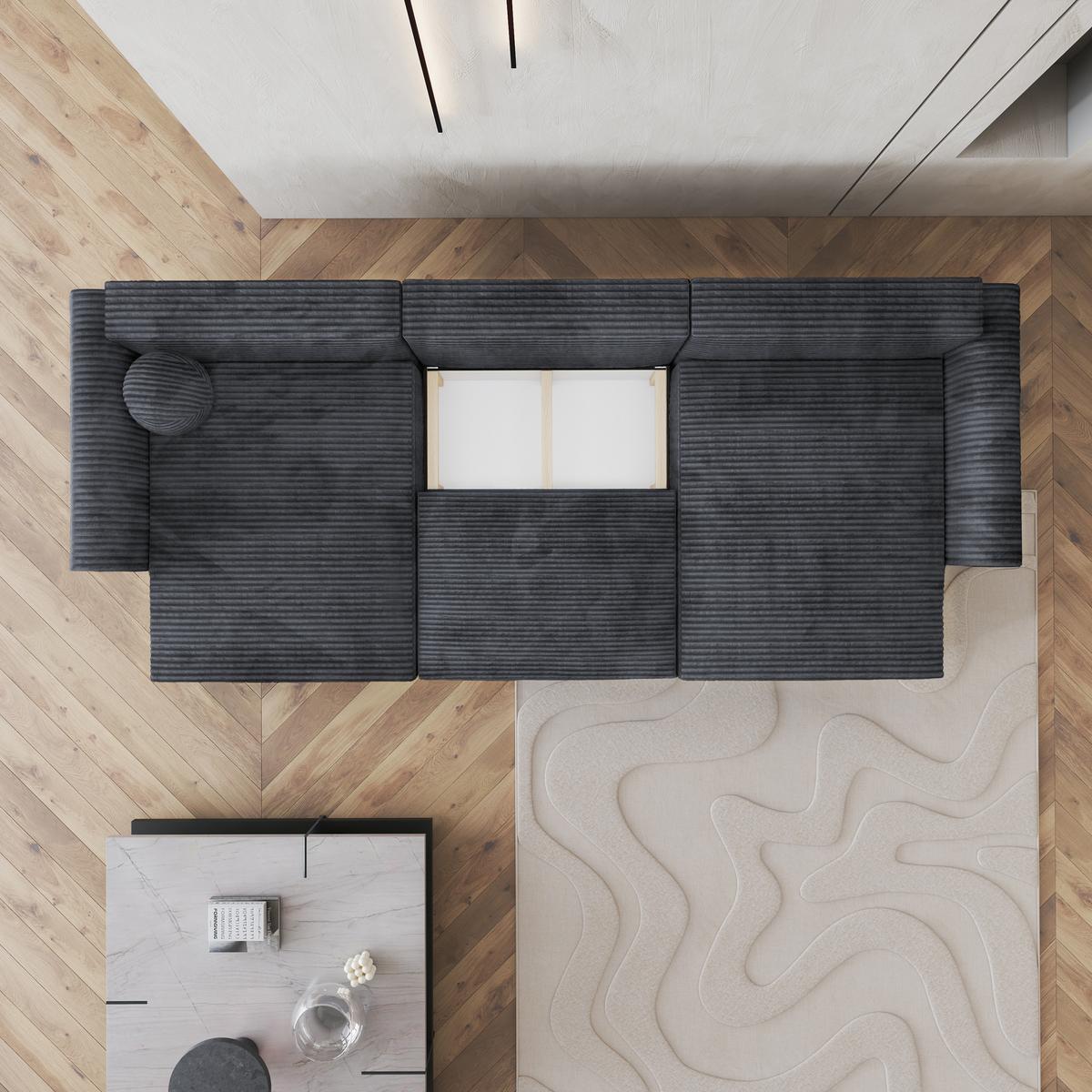 WOHNLANDSCHAFT FENTO Graphitfarben Kordstoff mit Schlaffunktion - Graphitfarben, Holz (347/90/148cm) - MASSENO