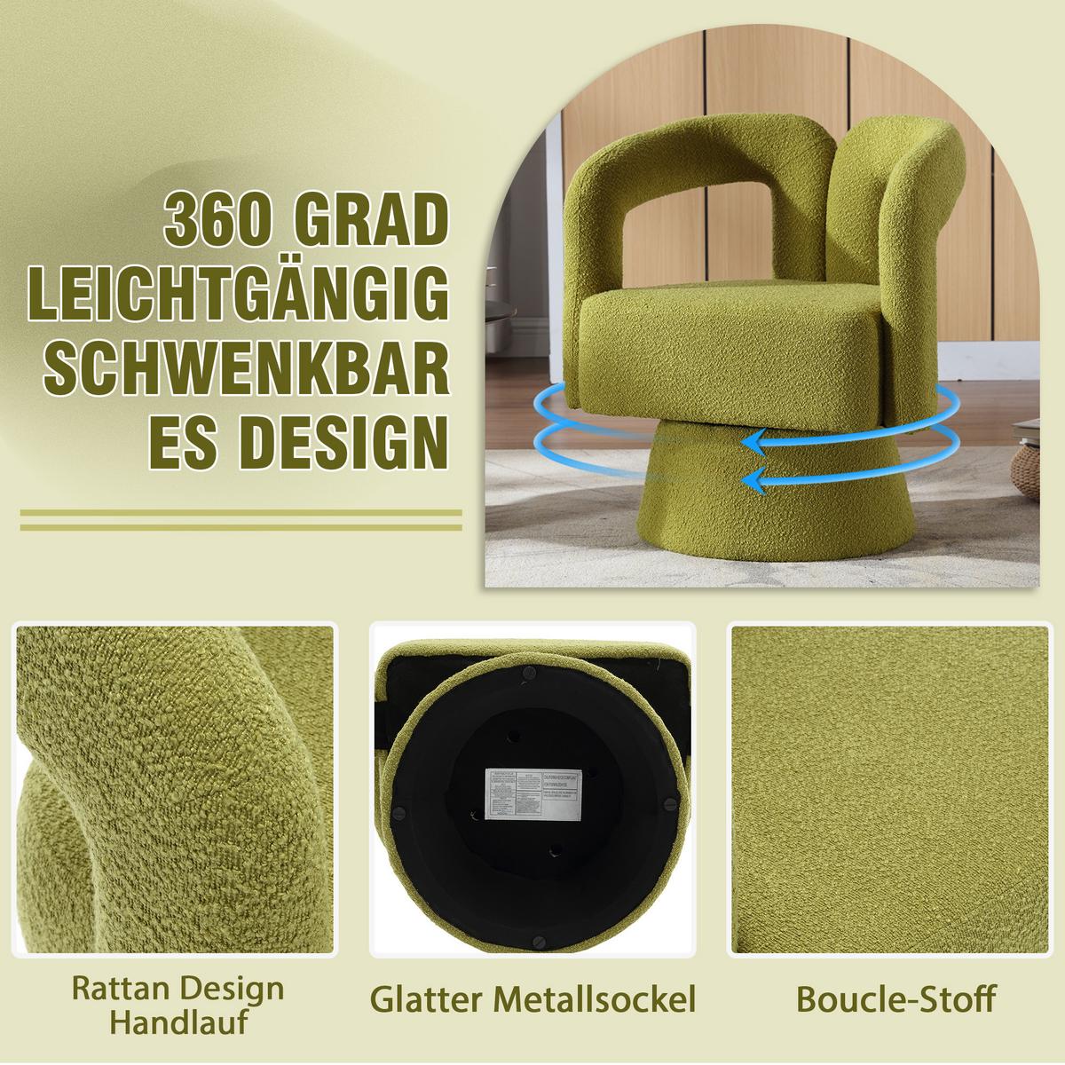 DREHSESSEL 360° Boucle Akzentstuhl Polstersessel für Wohnzimmer & Büro - Olivgrün, Textil (67/74/55cm) - Urban Meuble