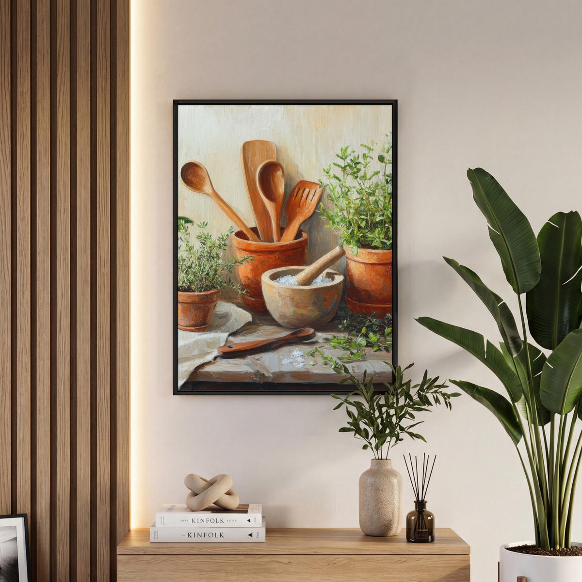 LEINWAND Bilder mit Rahmen - Töpfe - Kräuter - Holz - 50x70 - Terracotta, Textil (50/70cm) - MuchoWow