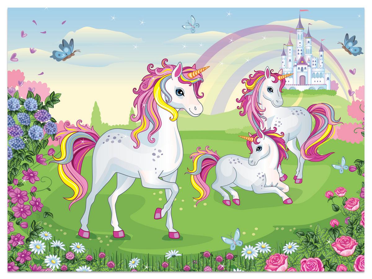 FOTOTAPETE für Kinderzimmer Einhorn Schloss Blumen Märchen 450x315 - Gelb/Violett, Papier (450/315cm) - Muralo