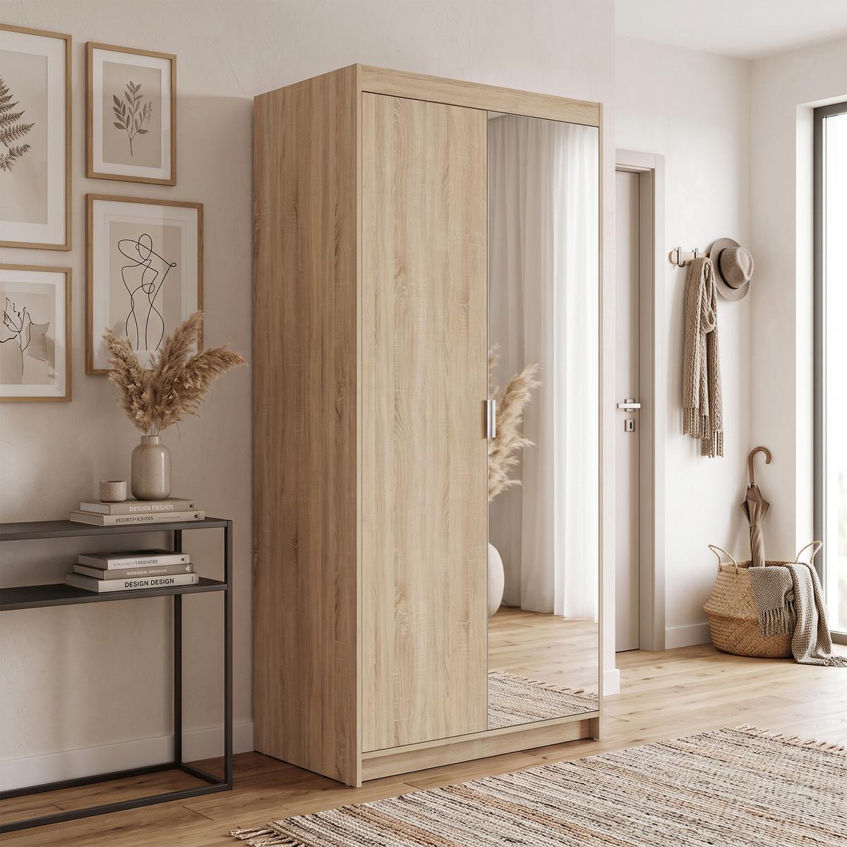 DREHTÜRENSCHRANK Elena mit 2 Türen und Spiegel, 90 cm, Sonoma Eiche - Sonoma Eiche, Holzwerkstoff (90/190/53cm) - Beautysofa