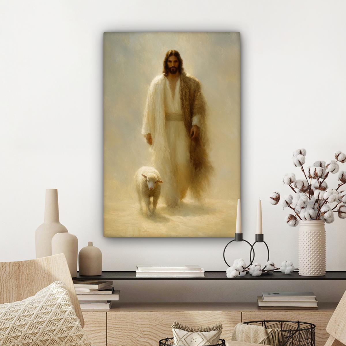LEINWANDBILD Schaf - Jesus - Pinselstriche - Abstrakt Wanddeko Schlafzimmer 60x90 cm - Sandfarben, Textil (60/90cm) - MuchoWow