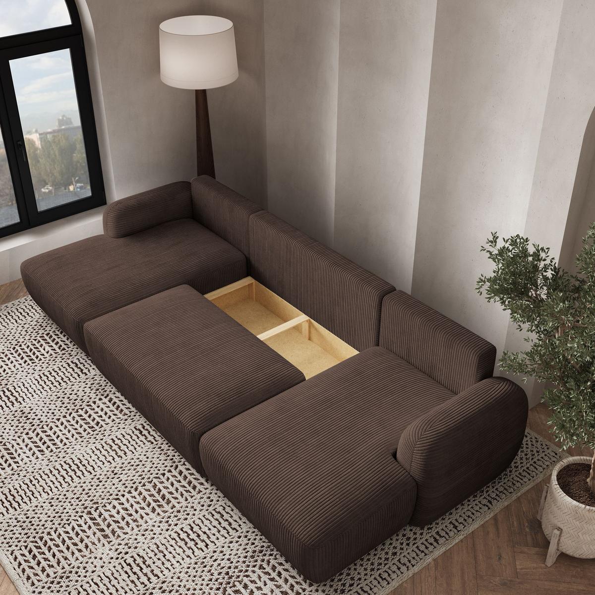 WOHNLANDSCHAFT SAVONA P Braun Kordstoff mit Schlaffunktion - Schwarz/Braun, Holz/Kunststoff (320/90/148cm) - MASSENO