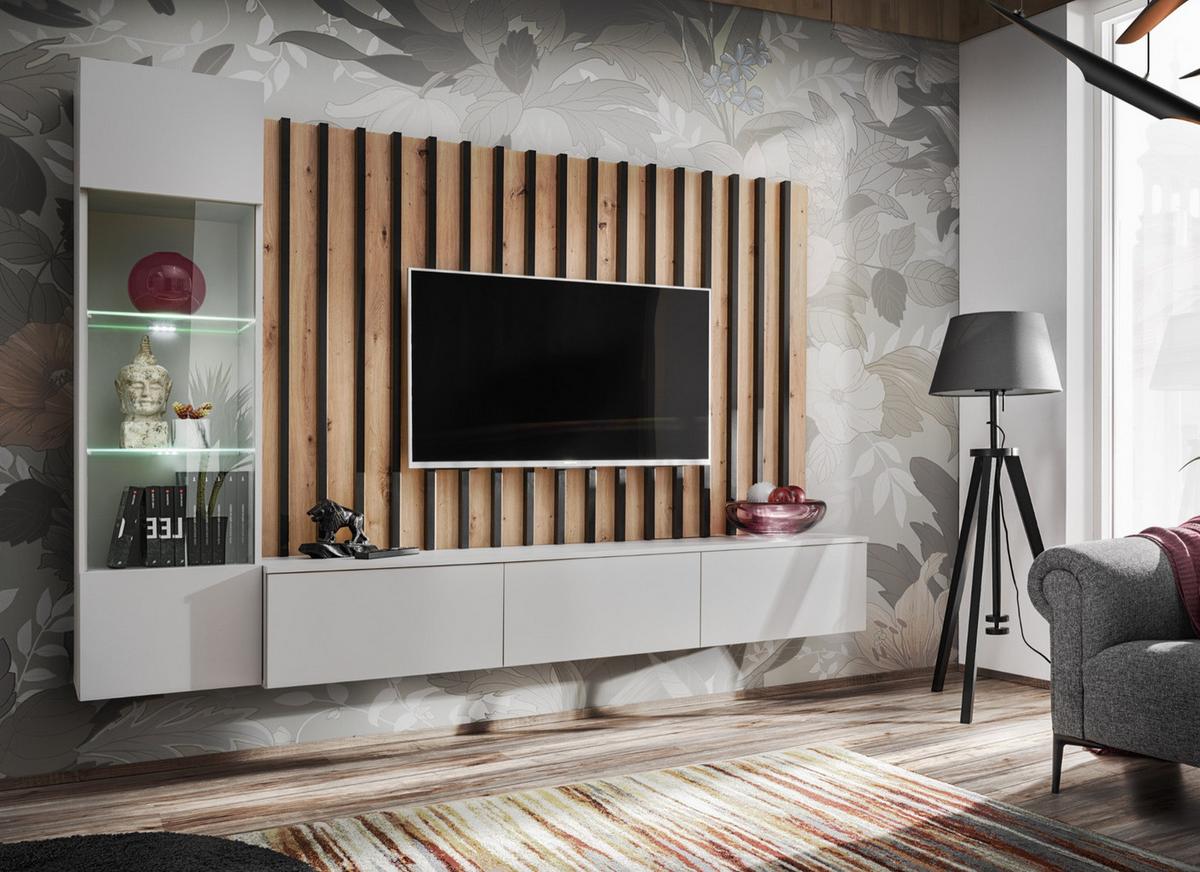 WOHNWAND grau, Artisan Eiche 220 cm, Schrankwand mit LED Beleuchtung - Eiche Artisan/Grau, Glas/Holzwerkstoff (200/148/35cm) - Furn.Design