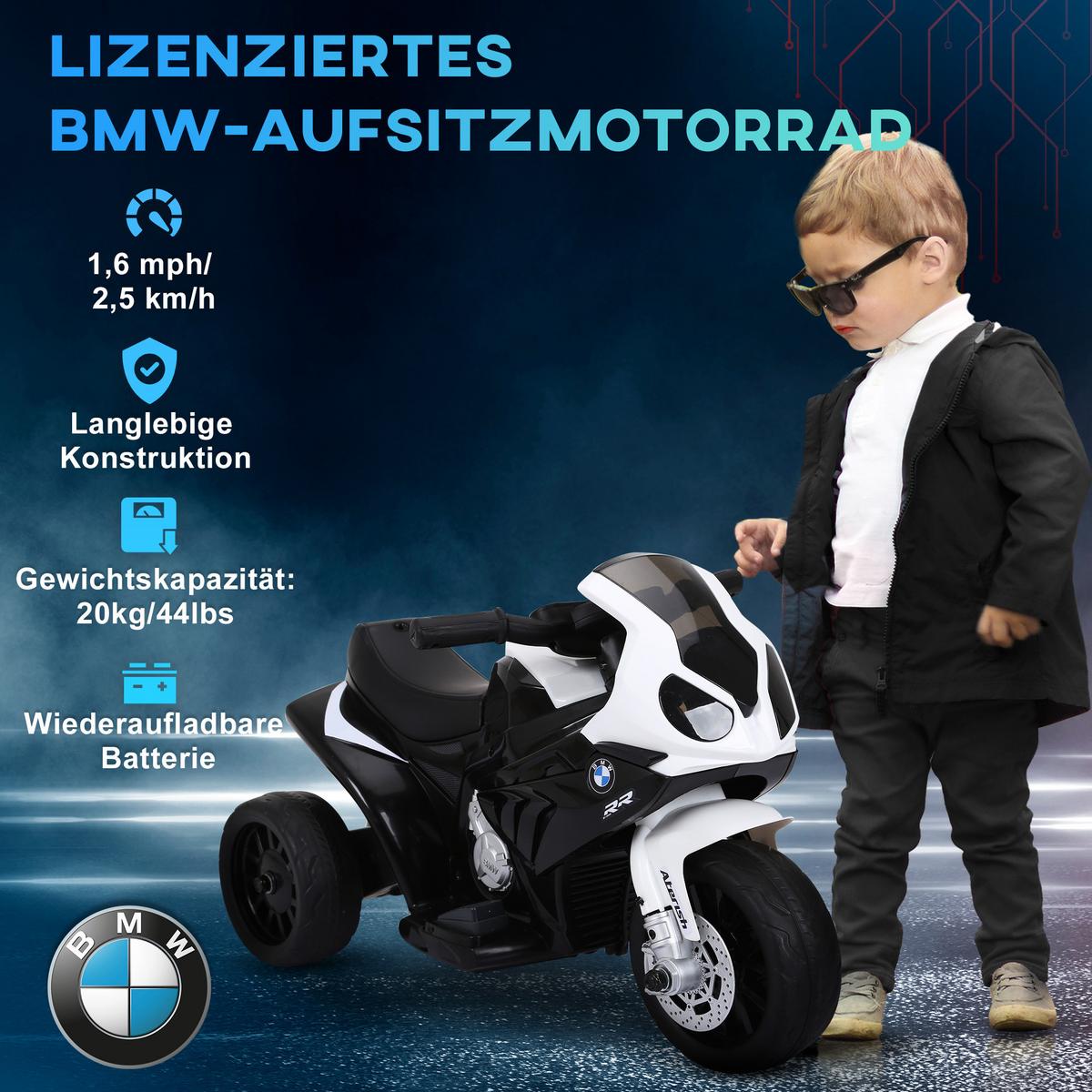 ELEKTRO Kindermotorrad Dreirad Kinderfahrzeug Lizenziert von BMW 18-36 Monate - Schwarz, Kunststoff (66/37/44cm) - HOMCOM