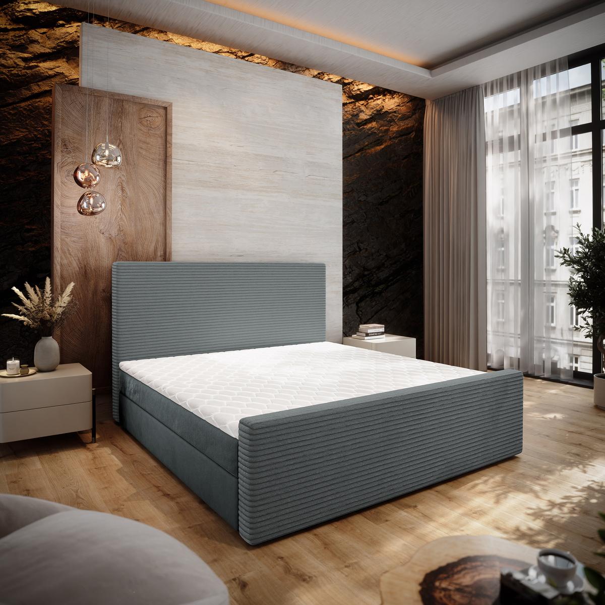 BOXBETT ALORIA 160x200 cm mit Matratze und Topper - Grau - Grau, Holz (160/200cm) - MASSENO