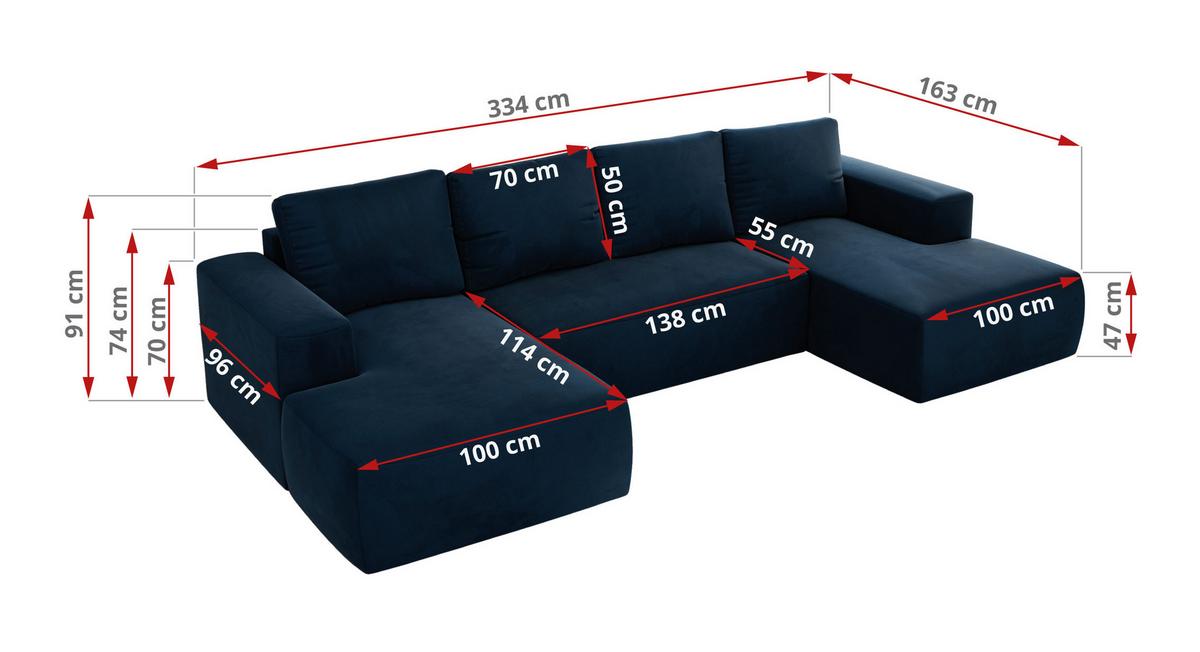 WOHNLANDSCHAFT TRENTINO U Dunkelblau Velvet - Schwarz/Dunkelblau, Kunststoff/Textil (334/91/163cm) - MKS