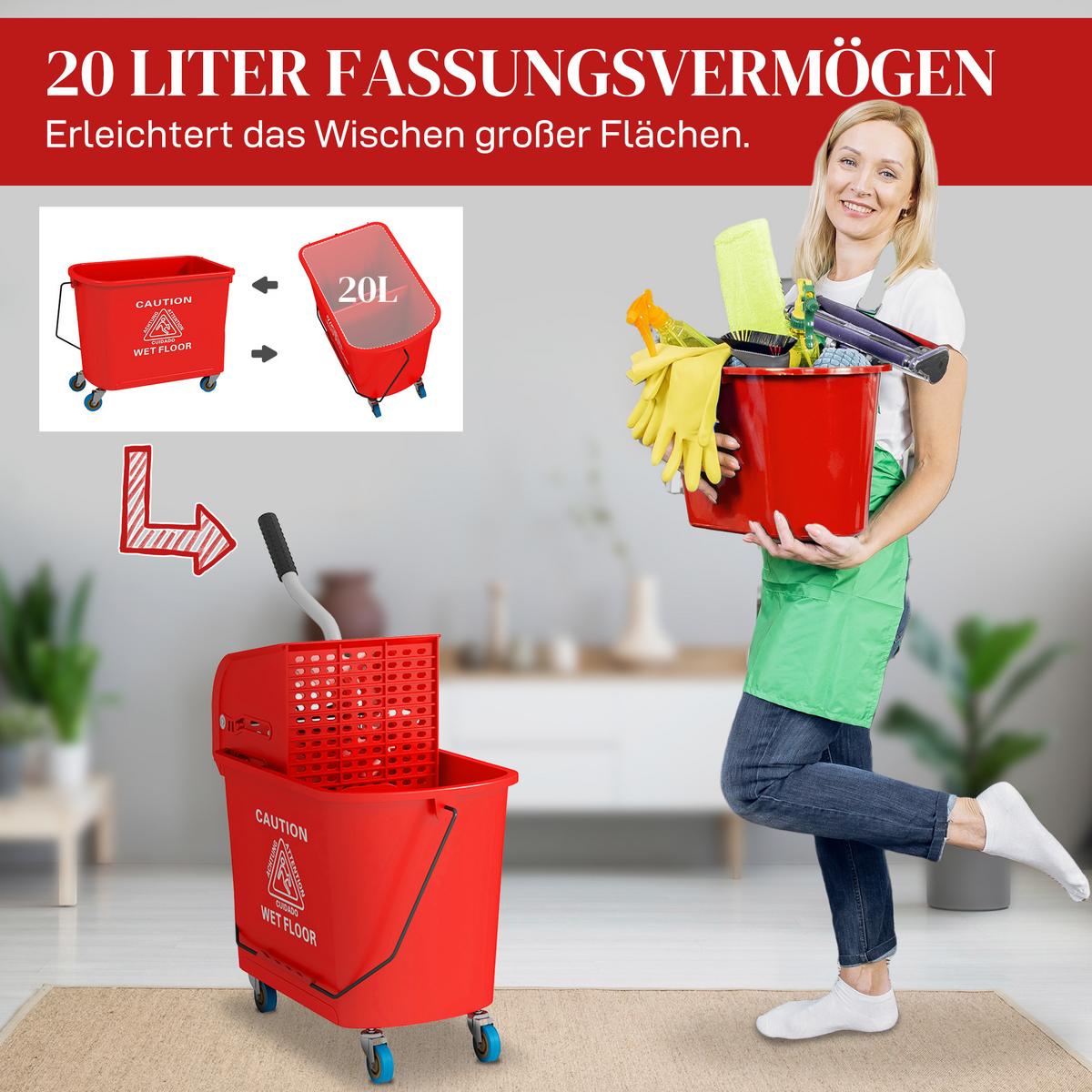 HOMCOM Kompakter Wischeimer mit Wringer und Rollen für die Bodenreinigung, 20 Liter, Separates schmutziges und sauberes Wasser, Rot - Rot, Kunststoff (27/70.5/60cm) - HOMCOM