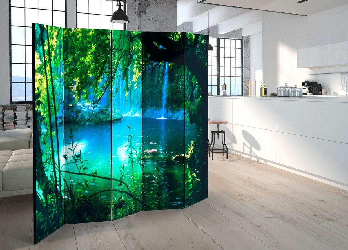 PARAVENT Beidseitig Bedruckter 5-tlg 225x172 cm Wasserfälle Natur 3D - Blau, Holz/Textil (225/172/3cm) - Muralo