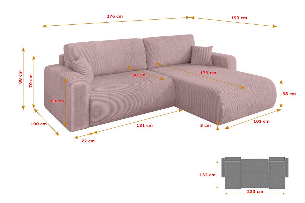 ECKSOFA mit Schlaffunktion Ottomane Rechts BERY-L 276x193x88 Rosa Cord - Schwarz/Rosa, Holzwerkstoff/Kunststoff (276/193cm) - ALTDECOR
