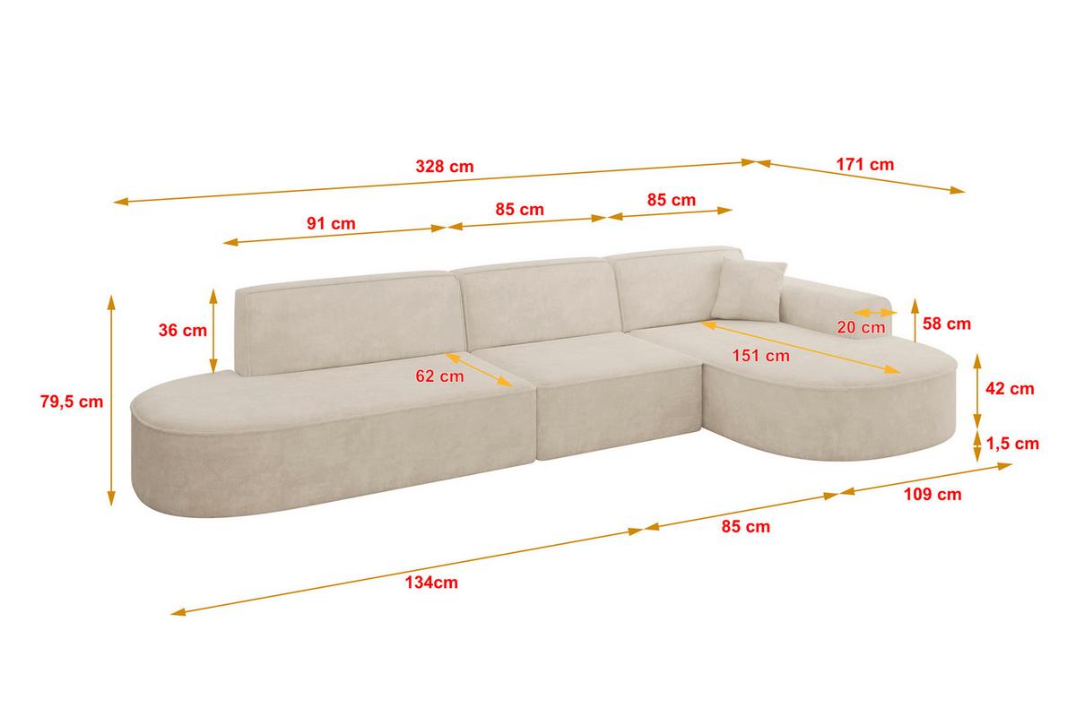 ECKSOFA Ottomane Rechts MARI-L2 - 328x171x79 cm Beige Velours - Beige/Schwarz, Holzwerkstoff/Kunststoff (171/328cm) - ALTDECOR