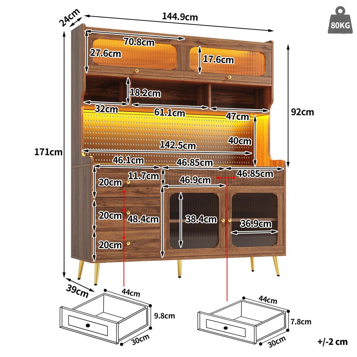 KÜCHENSCHRANK 171 cm mit Smart-LED, Glasfront & Lochwand - Walnussfarben, Holzwerkstoff (145/171/39cm) - Urban Meuble