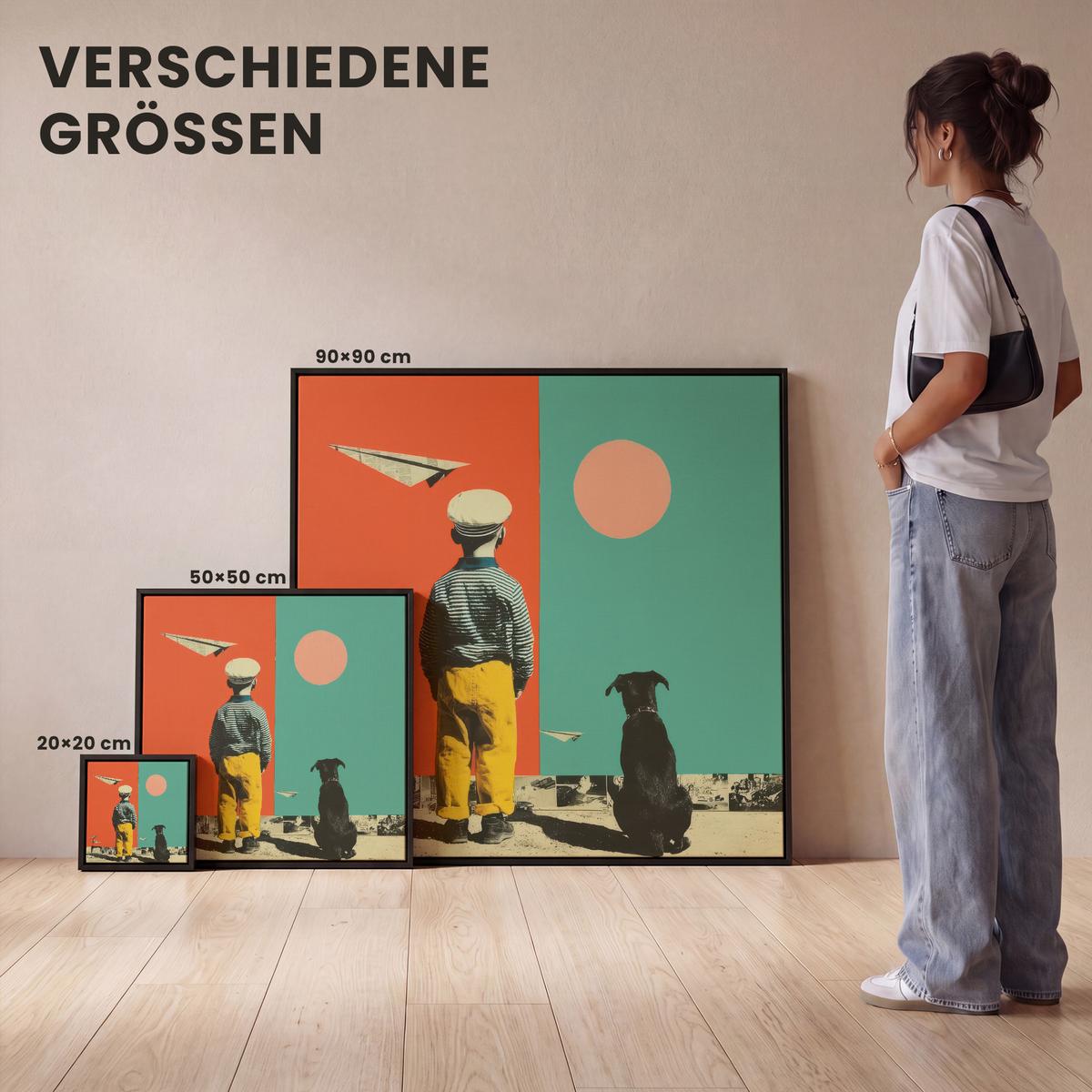 LEINWAND Bilder mit Rahmen - Retro - Junge - Hund - Rot - Grün - 50x50 - Orange, Textil (50/50cm) - MuchoWow