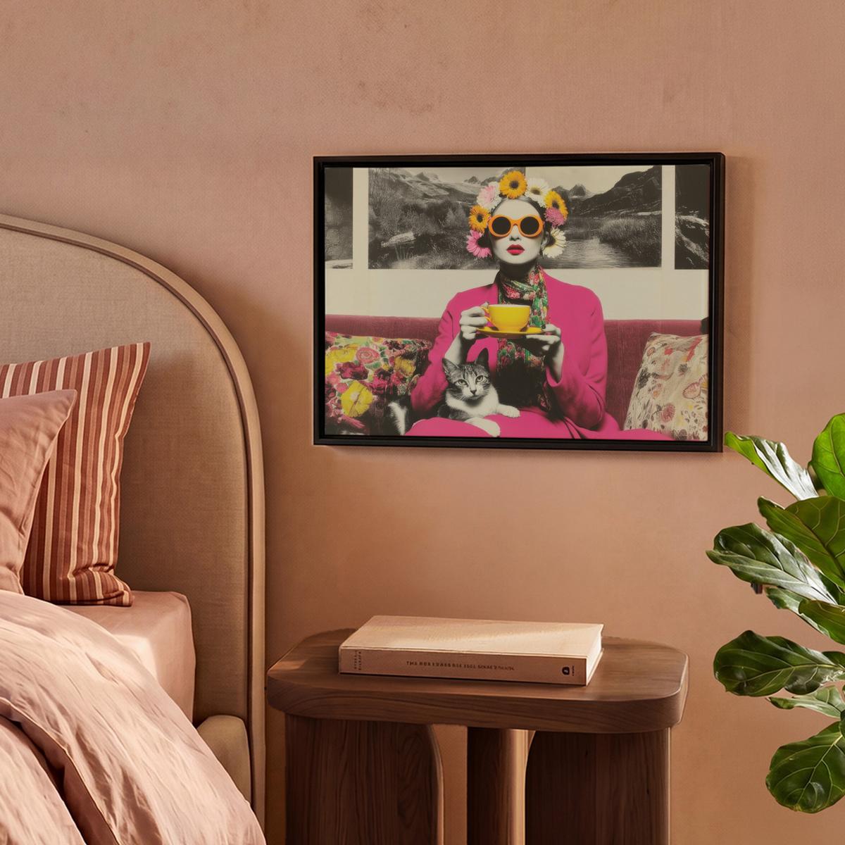 LEINWAND Bilder mit Rahmen - Frau - Katze - Blumen - Tasse - Retro - 40x30 - Magenta, Textil (40/30cm) - MuchoWow