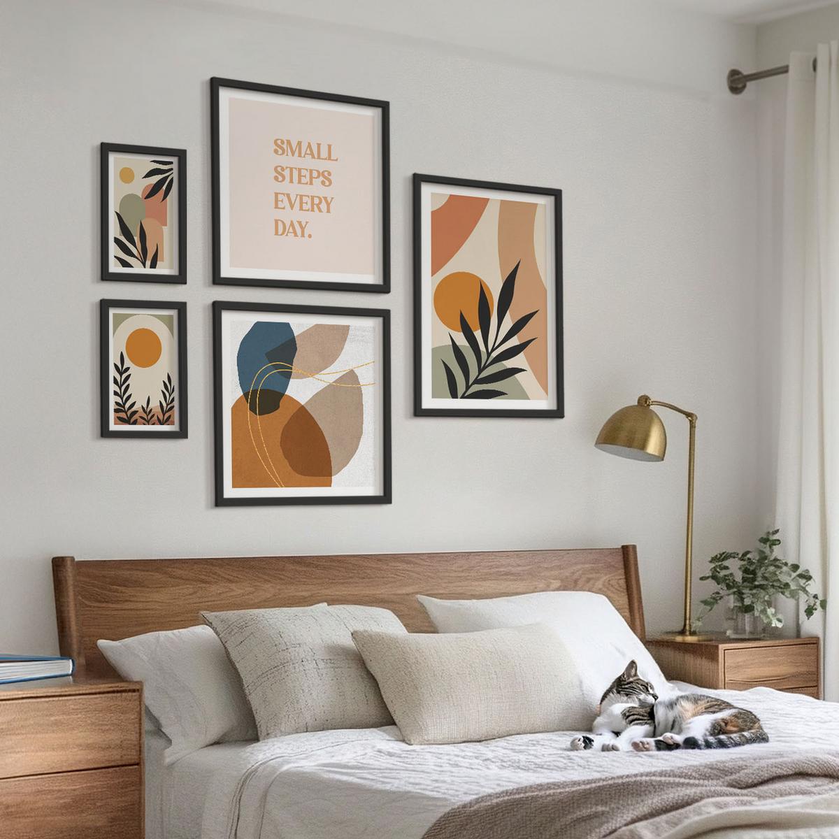 BILDER SET 5er Set - 50x50 cm & 20x30 cm & 40x60 cm Schwarzer Rahmen - Moderne Pflanzenmotive - Schwarz, Kunststoff (40/60cm) - TULUP
