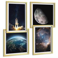 BILDER SET 4er Set - 50x50 cm & 40x60 cm Goldrahmen - Weltraum Erde Rakete Galaxie - Goldfarben, Kunststoff (50/50cm) - TULUP