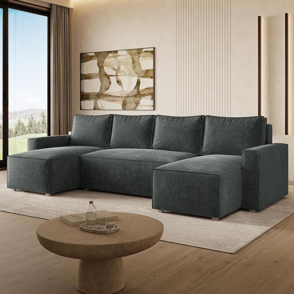 WOHNLANDSCHAFT ASPRA LM Grau Chenille mit Schlaffunktion - Dunkelgrau, Holz (295/85/140cm) - MASSENO