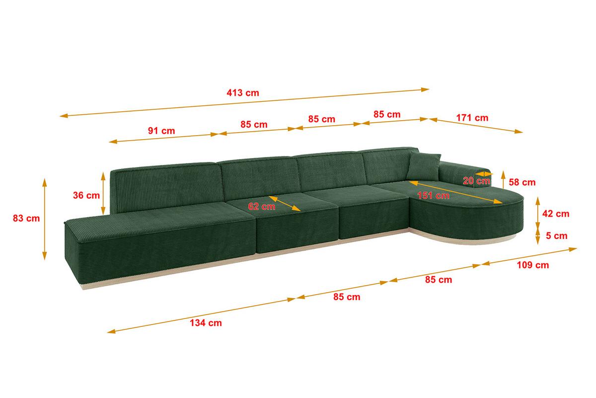 ECKSOFA Ottomane Rechts ARRIO-L3 - 413x171x83 cm Grün - Grün, Holzwerkstoff/Textil (413/171cm) - ALTDECOR