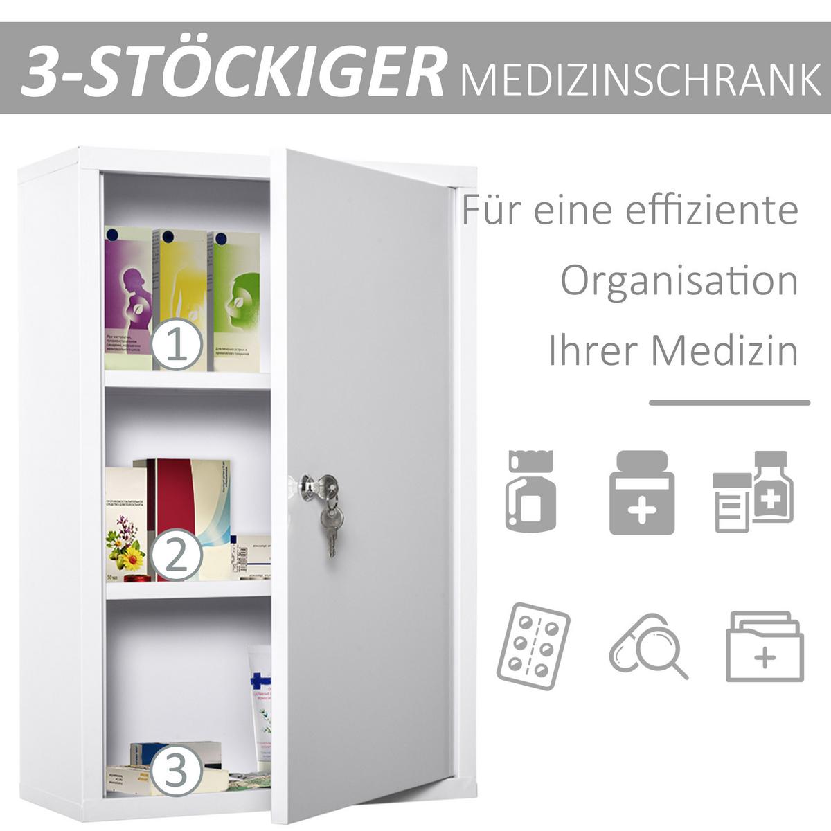 MEDIZINSCHRANK Arzneischrank Erste-Hilfe-Schrank mit Schloss 3 Fächer Stahl Weiß - Weiß, Metall (40/60/18cm) - Kleankin