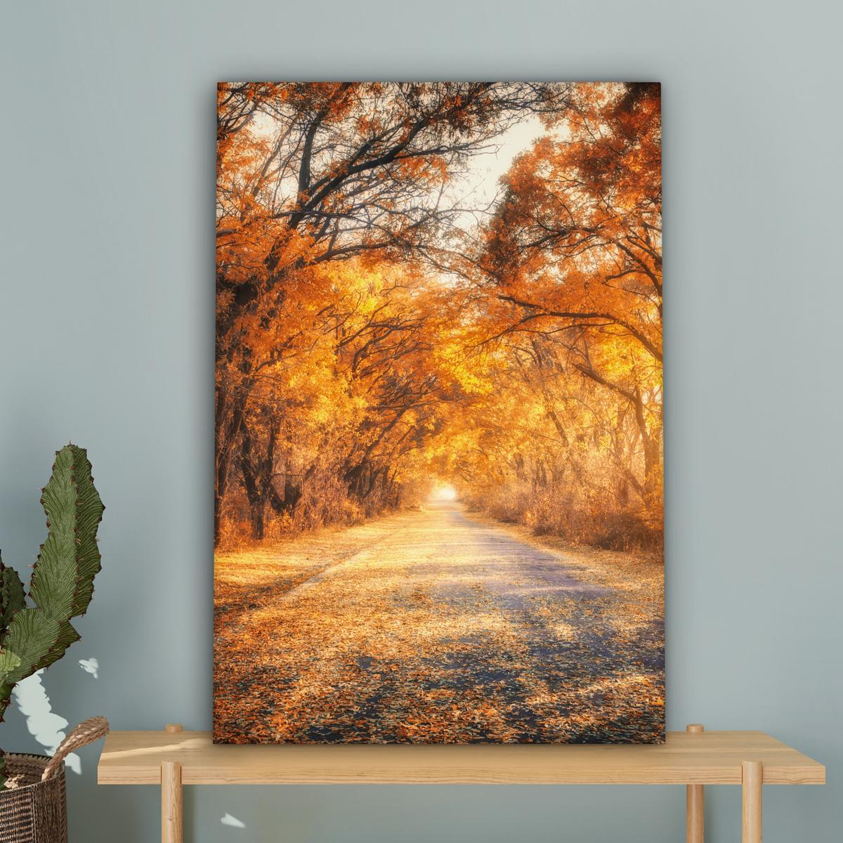 LEINWANDBILD Wald - Herbst - Bäume - Waldweg - Natur Wanddeko 40x60 cm - Bernsteinfarben, Textil (40/60cm) - MuchoWow