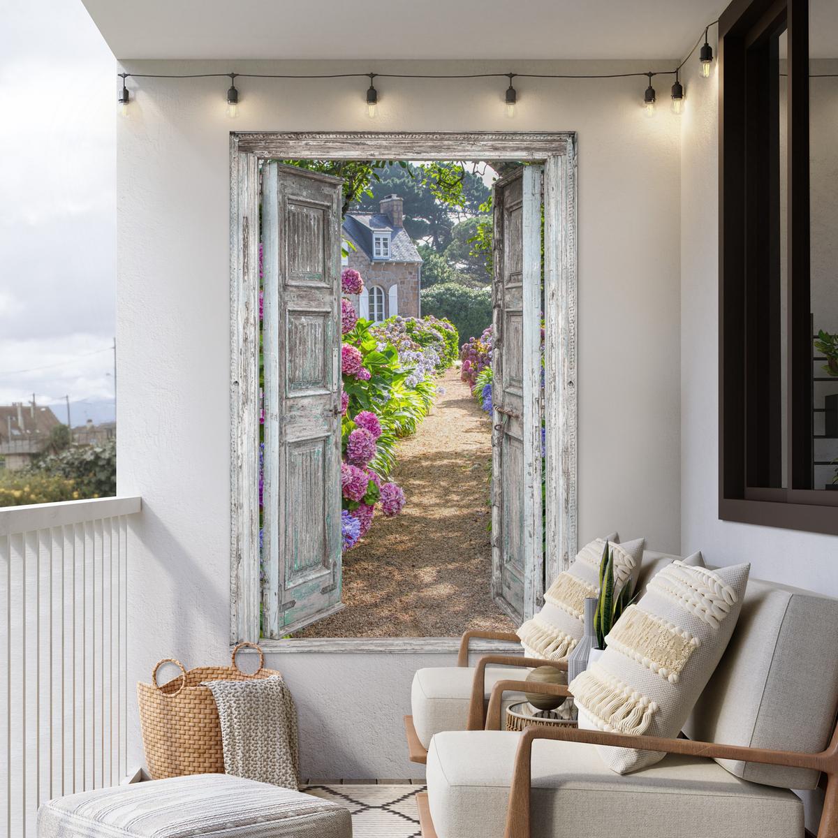 GARTENPOSTER Durchblick - Hortensie - Blumen Bild 120x180 cm - Hellgrau, Kunststoff (120/180/0.2cm) - OnlyWow