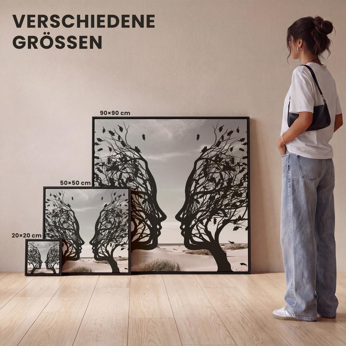LEINWAND Bilder mit Rahmen - Strand - Meer - Menschen - Baum - Moderne Kunst - 90x90 - Hellgrau, Textil (90/90cm) - MuchoWow