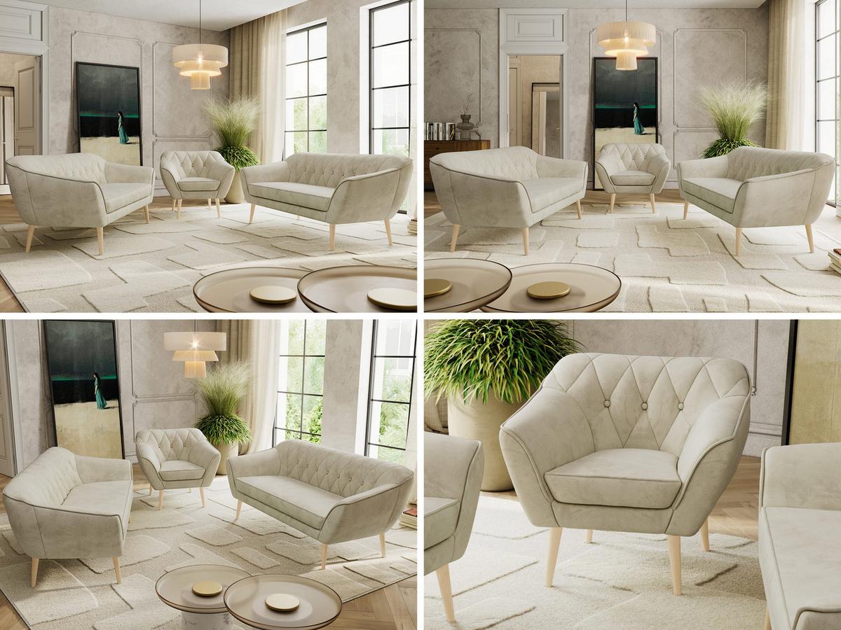 SITZGARNITUR PIRS 3+3+1 - Beige Velvet - Holzbeine - Beige/Buchefarben, Holzwerkstoff/Textil (180/75/74cm) - MKS