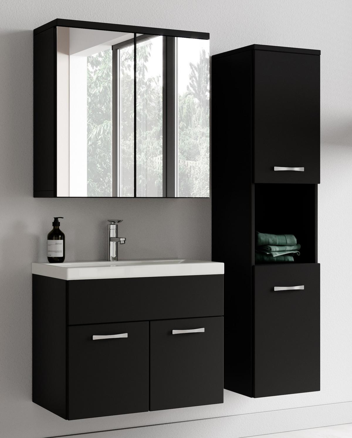 BADMÖBEL-SET Montreal 4 Teile Spiegelschrank Schwarz Matt - 60 x 35 x 51 cm - Schwarz, Holz (60/51/35cm) - Badplaats