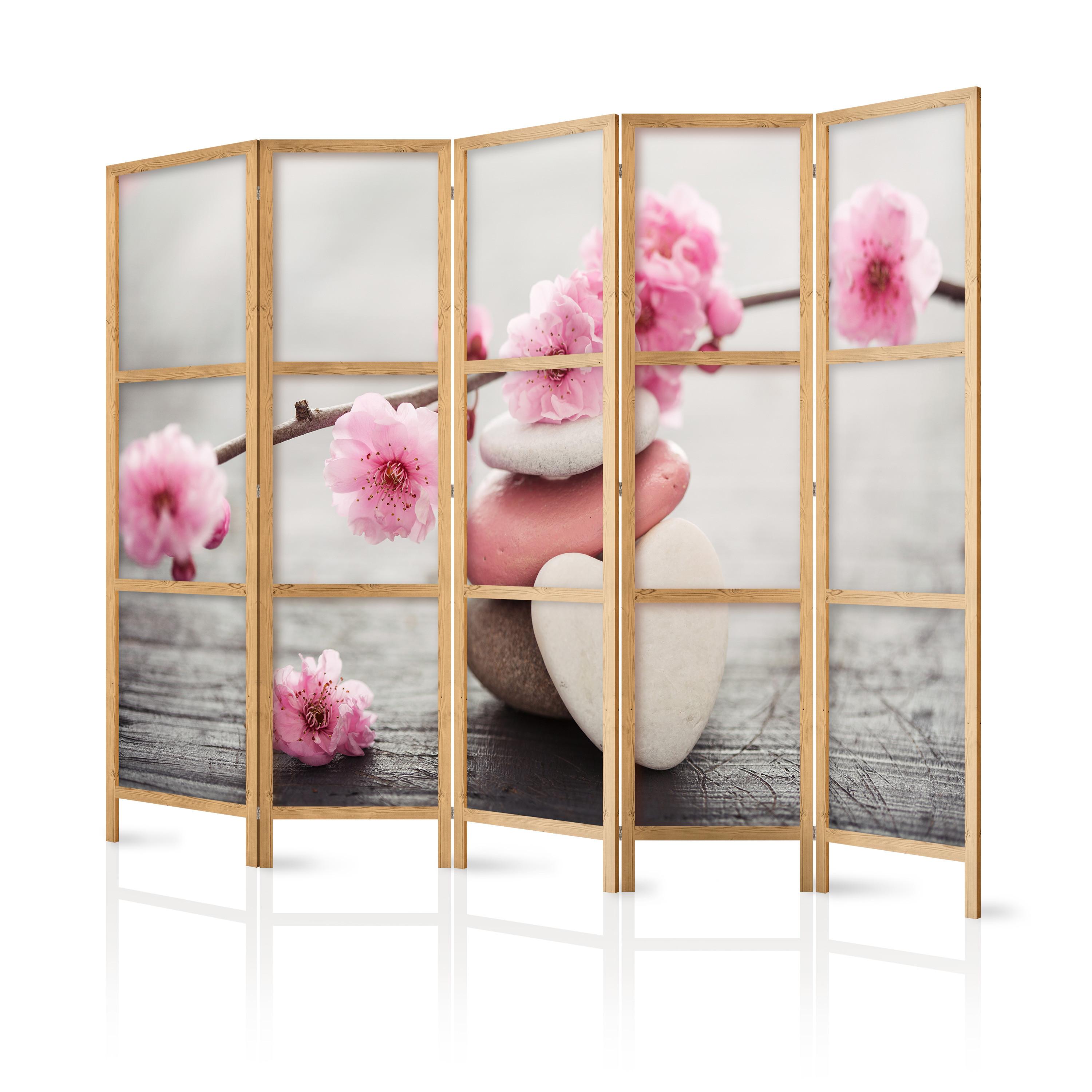 PARAVENT Japanischer 5-tlg 225x172 cm Blumen mit Steinen - Multicolor, Holz/Textil (225/172/3cm) - Muralo
