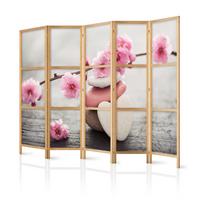 PARAVENT Japanischer 5-tlg 225x172 cm Blumen mit Steinen - Multicolor, Holz/Textil (225/172/3cm) - Muralo